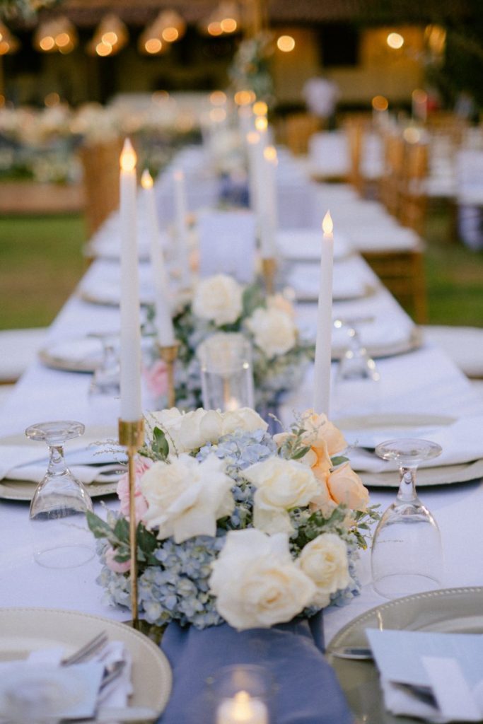 Blue White Roses Dinner Centerpiece