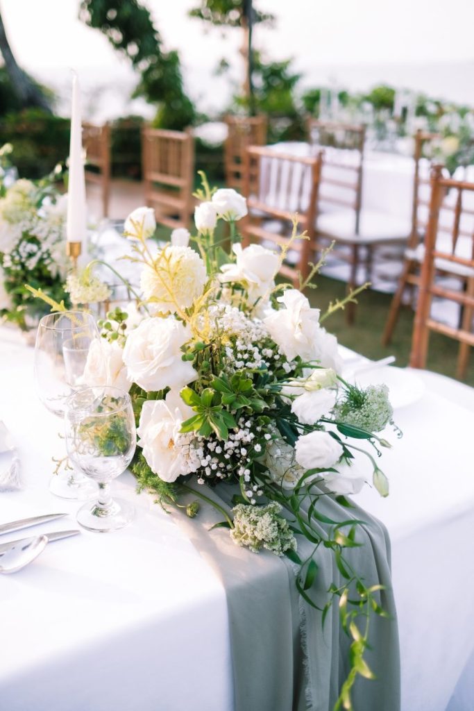 White Dinner Centerpiece with Greenery