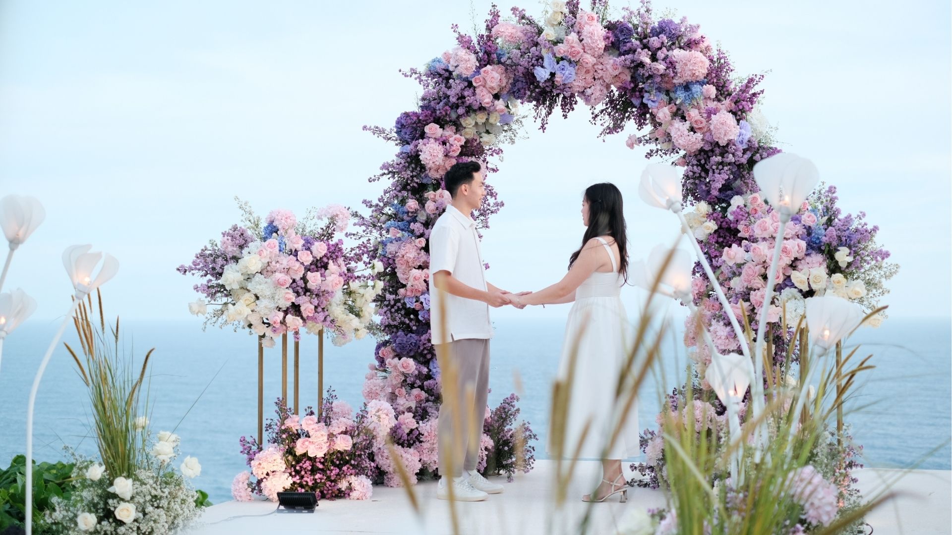 favorite arbor arch with pink purple flowers Bali Proposal Ideas