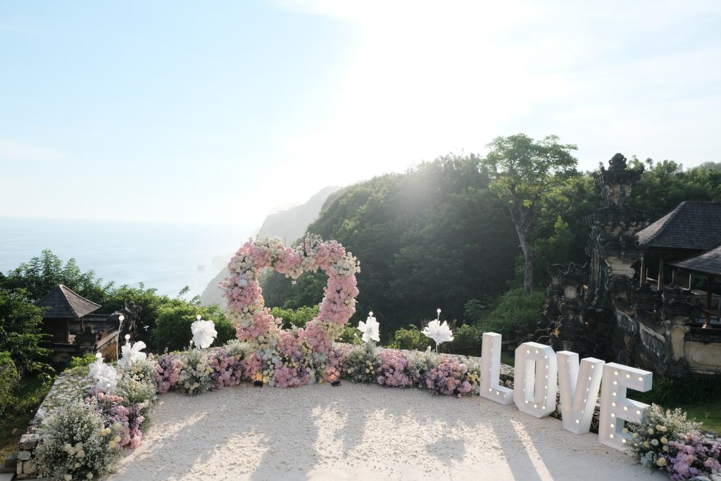 Bali Flower Decor - Soft Pink Proposal Setup Overlooking Indian Ocean