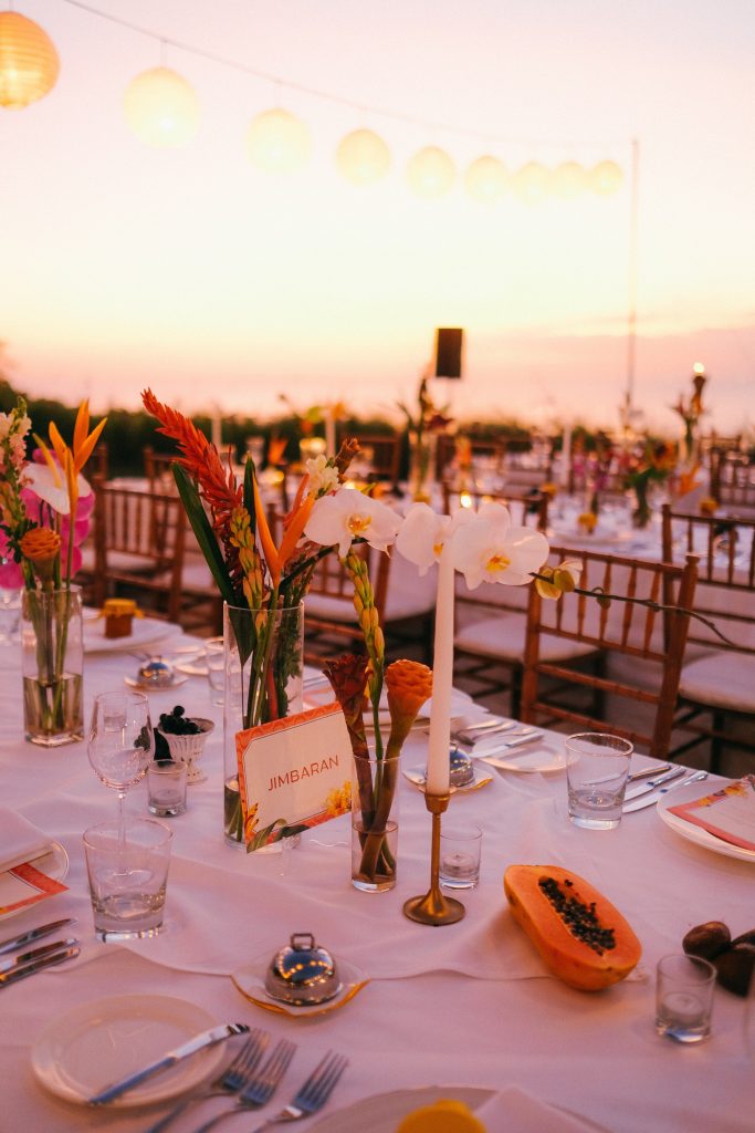 Sunset wedding reception overlooking Bali coastline