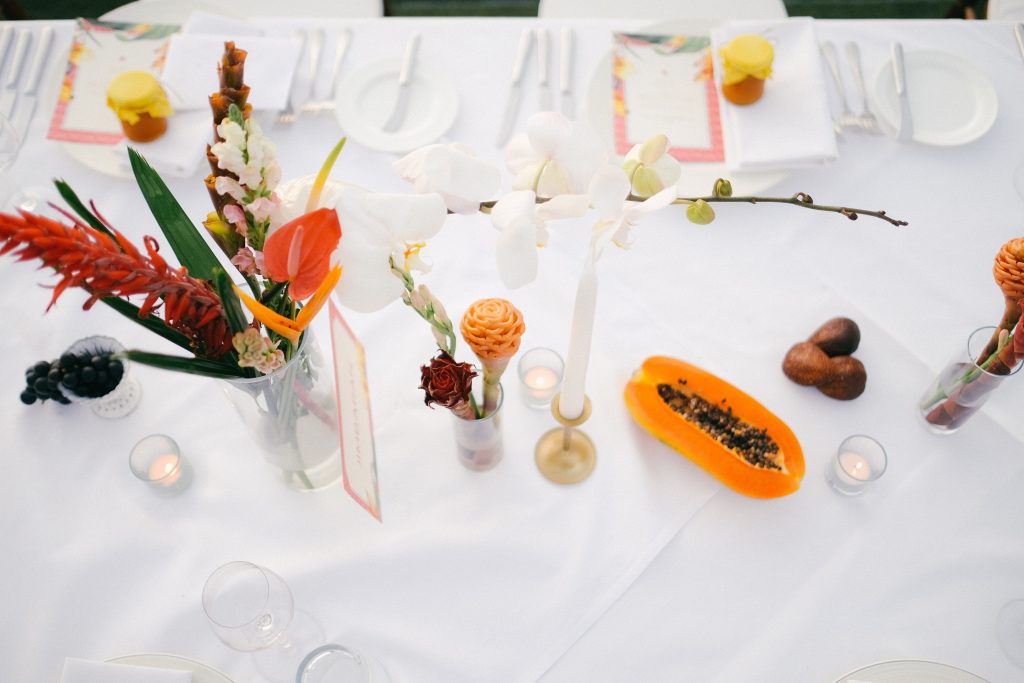 White orchid tropical tablescape styling